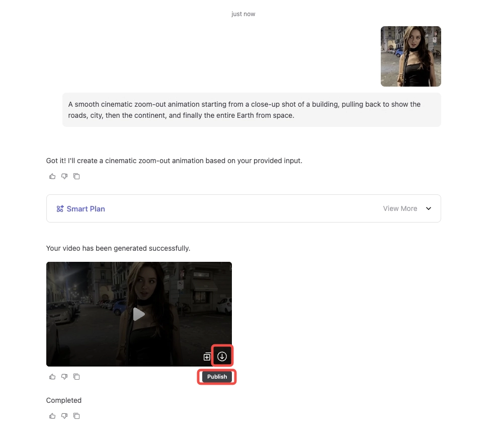 AI-जनरेटेड सिनेमैटिक वीडियो परिणाम ने Ima स्टूडियो पर AI एजेंट बनाया, पूर्वावलोकन के नीचे डाउनलोड और प्रकाशित बटन को हाइलाइट किया