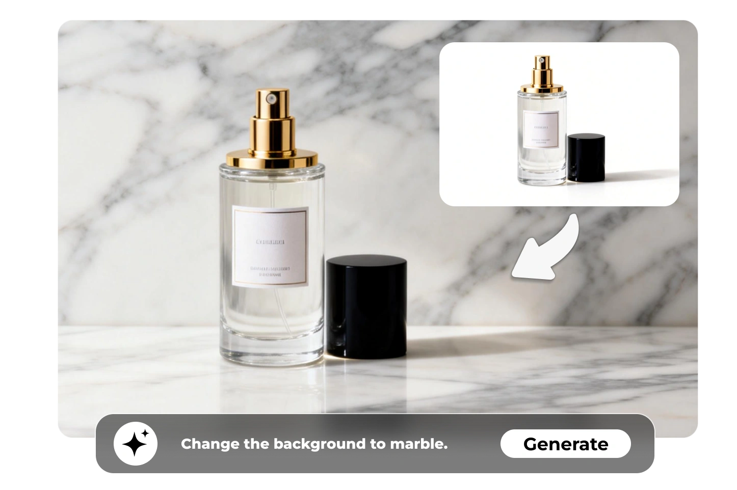 AI photo background change example showing a perfume bottle placed on a marble surface using chat with photo