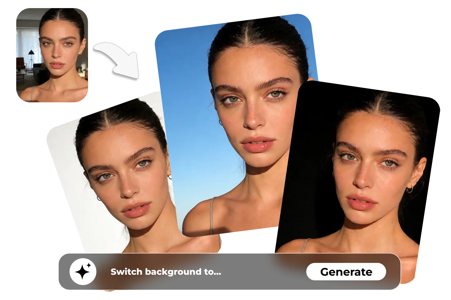 Portrait photo with different backgrounds generated through chat with photo AI image editing