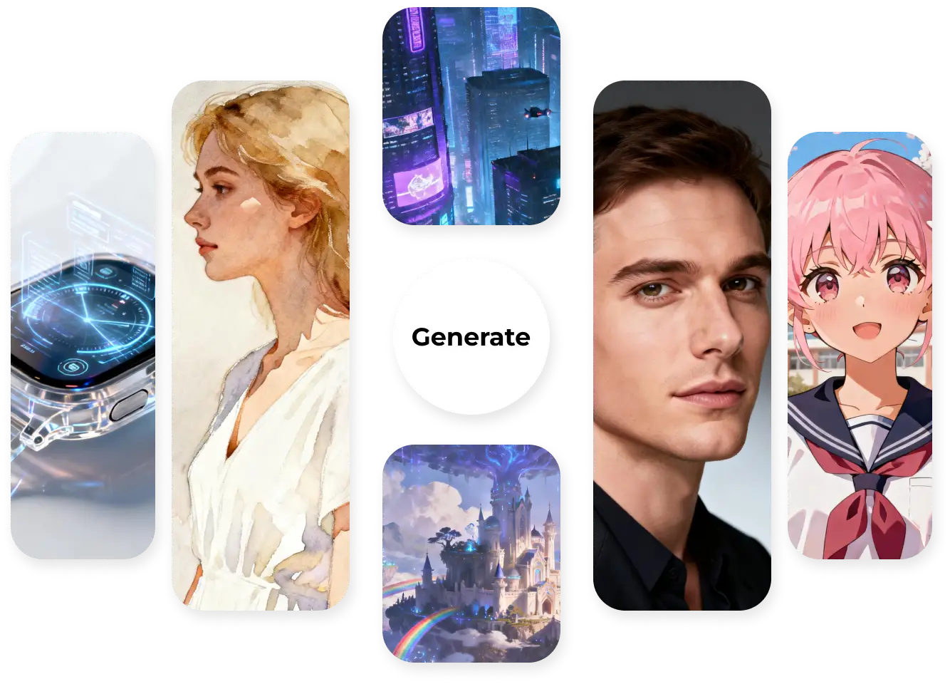 स्टेबल डिफ्यूजन इमेज जनरेटर का उपयोग करके बनाई गई विविध छवियां, जिनमें एनीमे पात्रों से लेकर काल्पनिक दुनिया और तकनीकी दृश्य शामिल हैं।