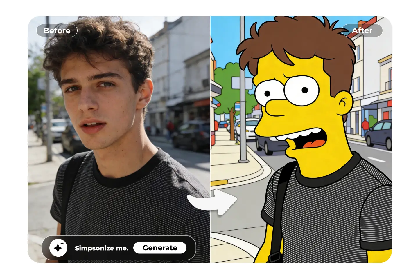 Before and after photo transformed into cartoon style using chat with photo AI image generator