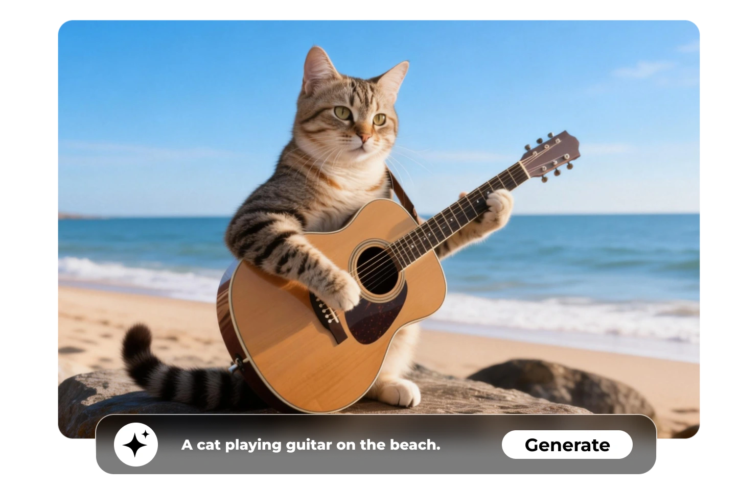 स्टेबल डिफ्यूजन इमेज जनरेटर से प्राप्त रचनात्मक टेक्स्ट-टू-इमेज परिणाम जिसमें एक बिल्ली समुद्र तट पर गिटार बजा रही है।