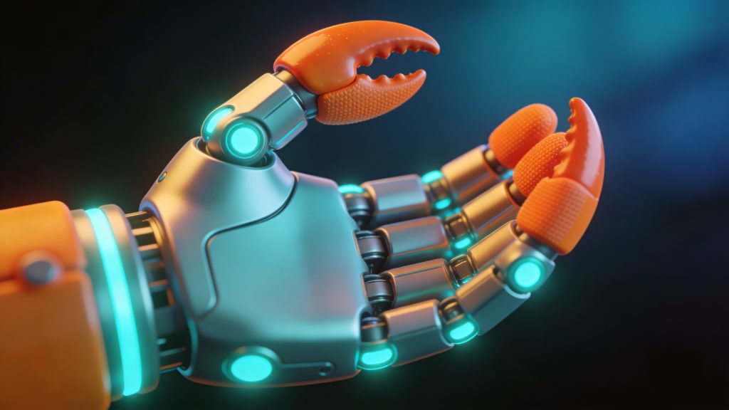 Asisten AI futuristik dengan maskot capit lobster, skema warna cyan dan oranye.