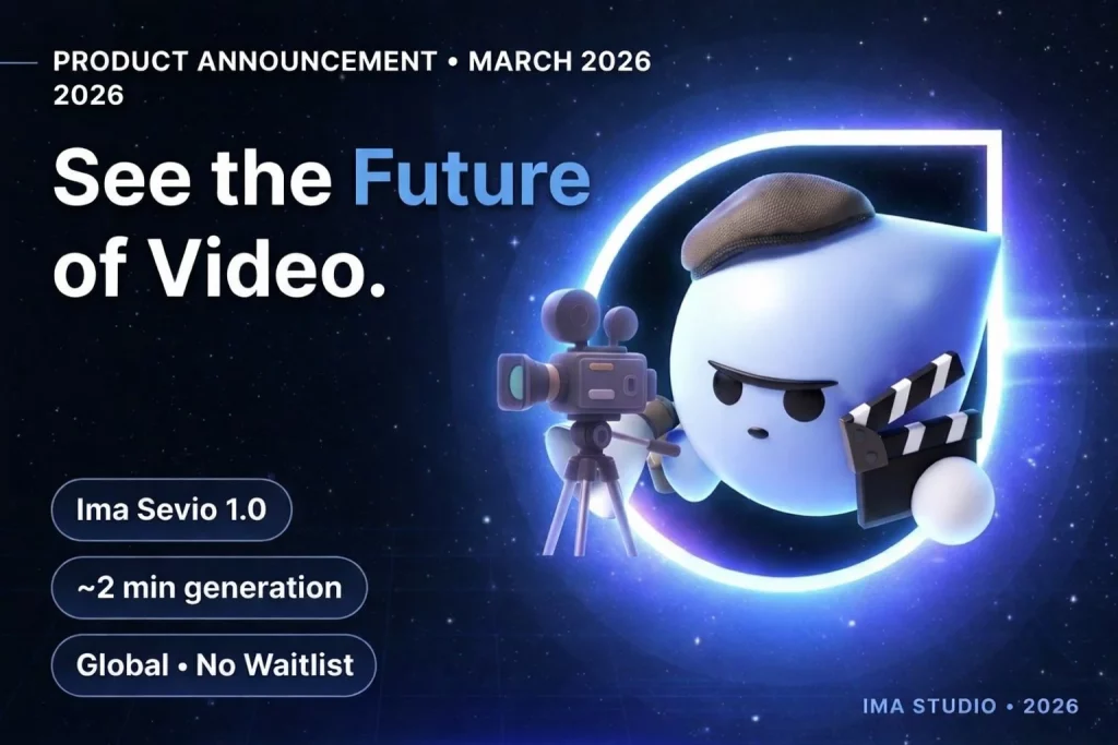 Ima Sevio 1.0 text-to-video AI launch banner showing cinematic video generation, ~2 minute output, and global availability with no waitlist.