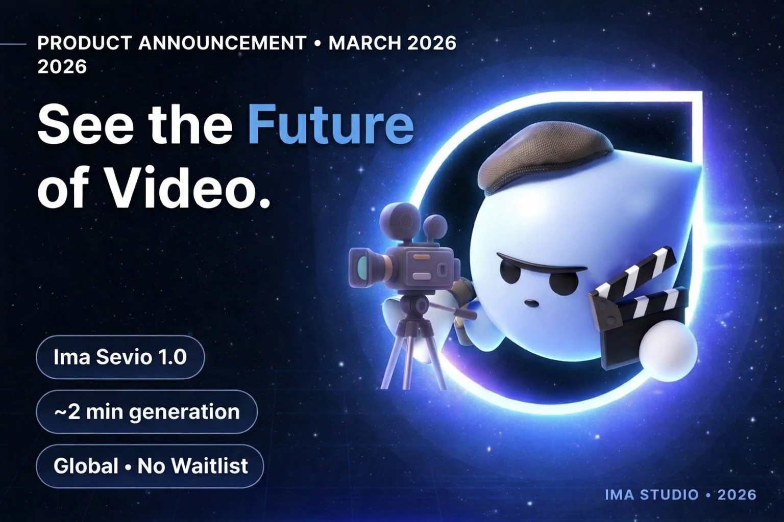 Ima Sevio 1.0 text-to-video AI launch banner showing cinematic video generation, ~2 minute output, and global availability with no waitlist.