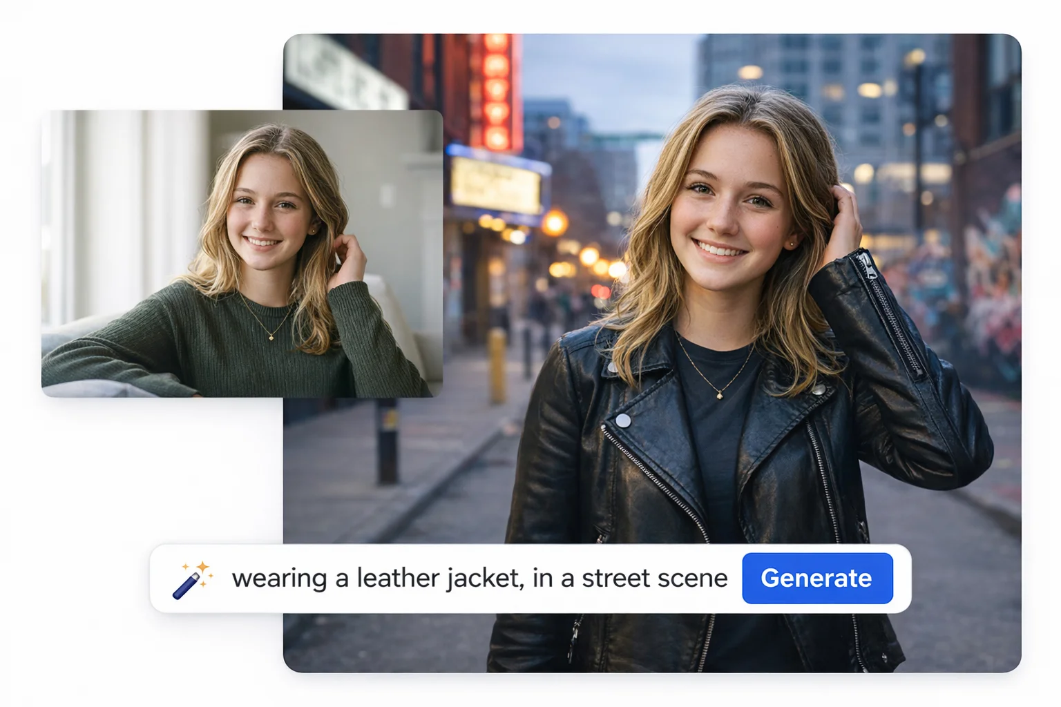 AI photo to character and portrait generator example showing a casual indoor photo transformed into a leather jacket street scene portrait