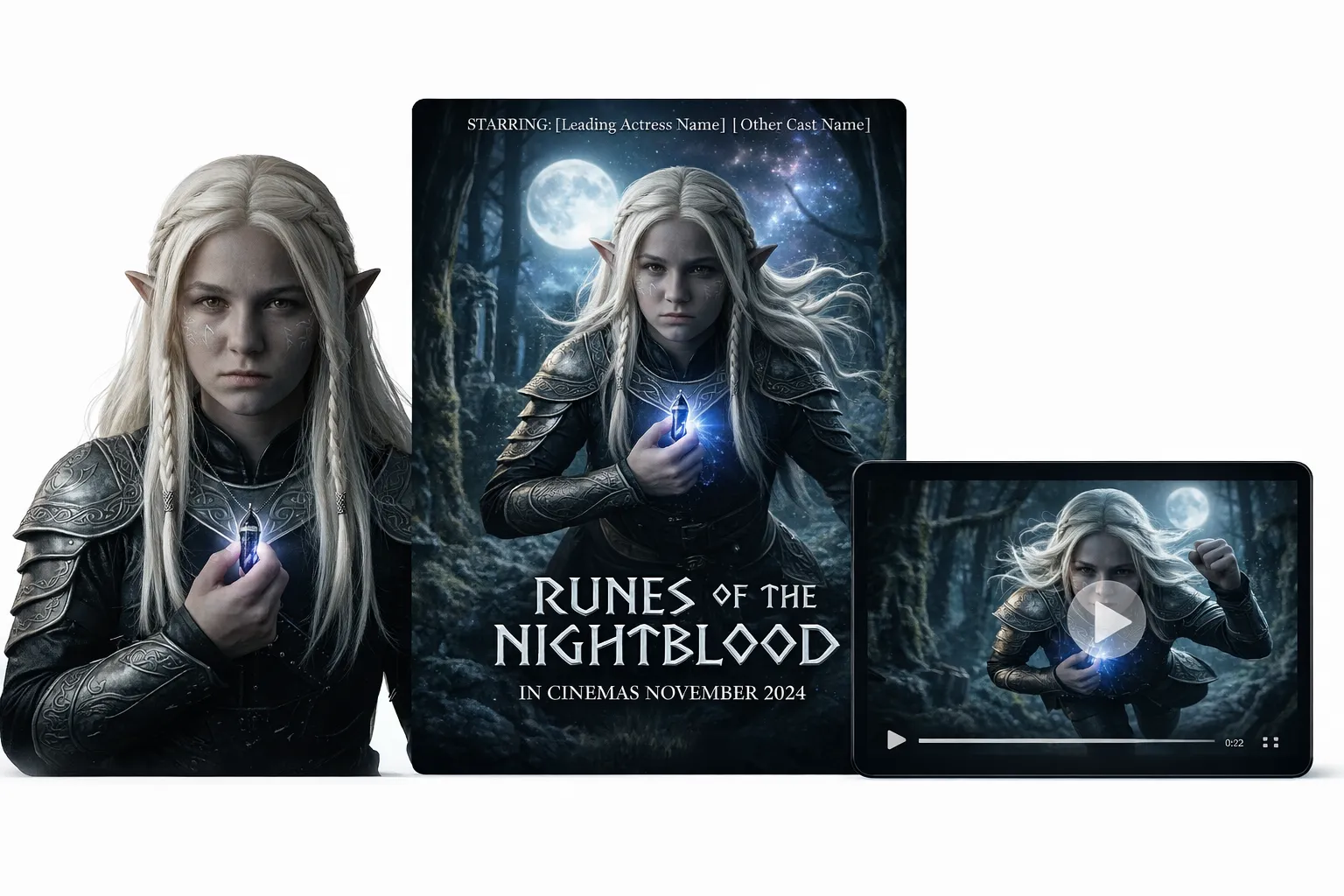 AI character creator workflow turning one fantasy character portrait into a movie poster and cinematic video scene