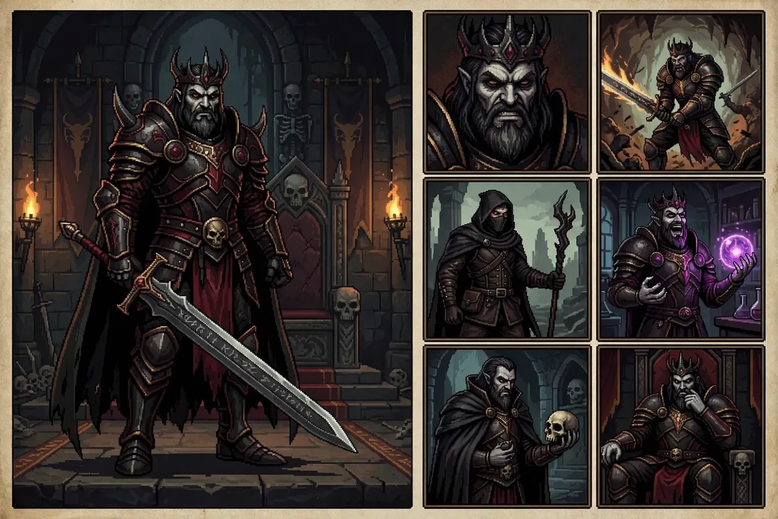 AI game character generator example showing a dark fantasy warrior with multiple portraits, poses, and scene variations