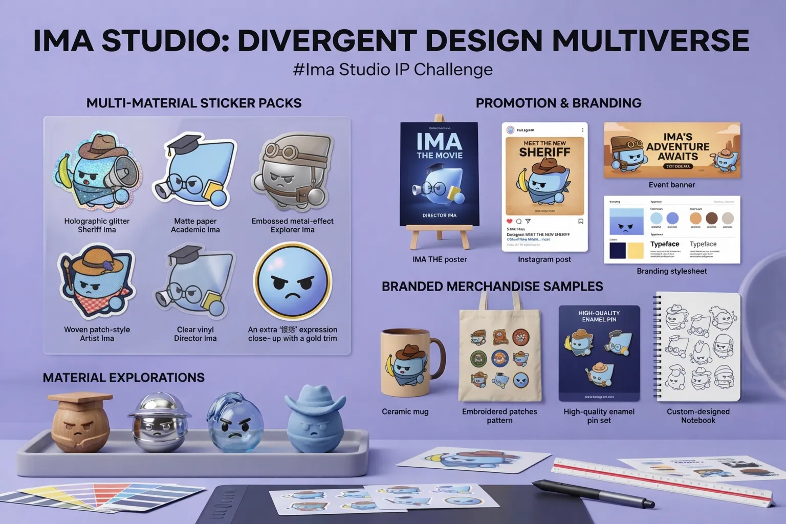AI character design showcase with sticker packs, branded merchandise, promotional materials, and style exploration for one character IP