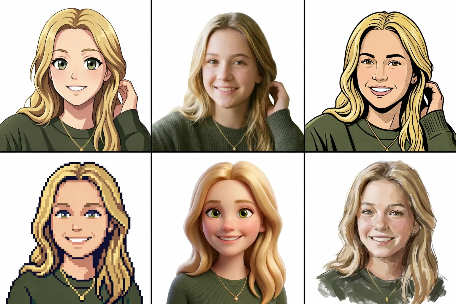 AI character generator from photo with one portrait turned into anime, comic, pixel art, 3D, and painted character styles