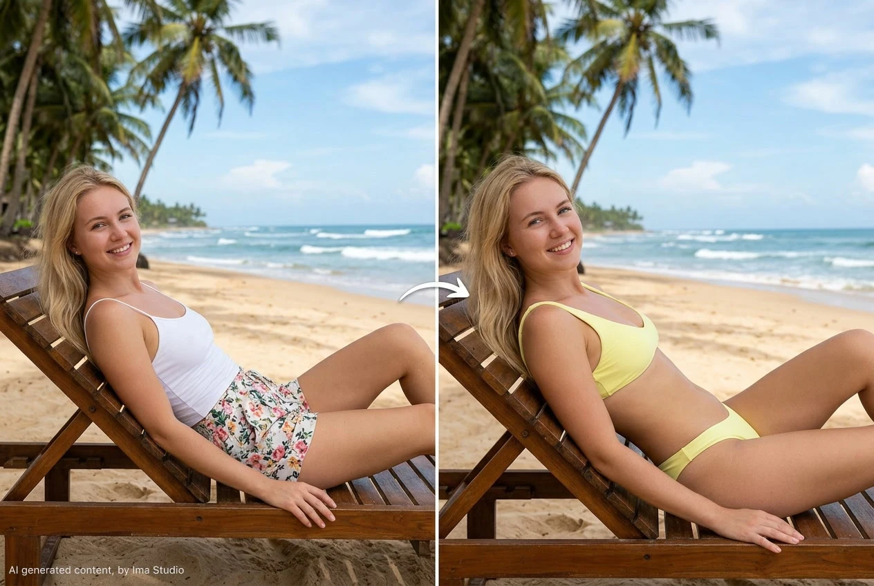 Contoh perubahan pakaian menggunakan AI sebelum dan sesudah, menunjukkan foto pantai yang diubah dari pakaian musim panas kasual menjadi bikini kuning.