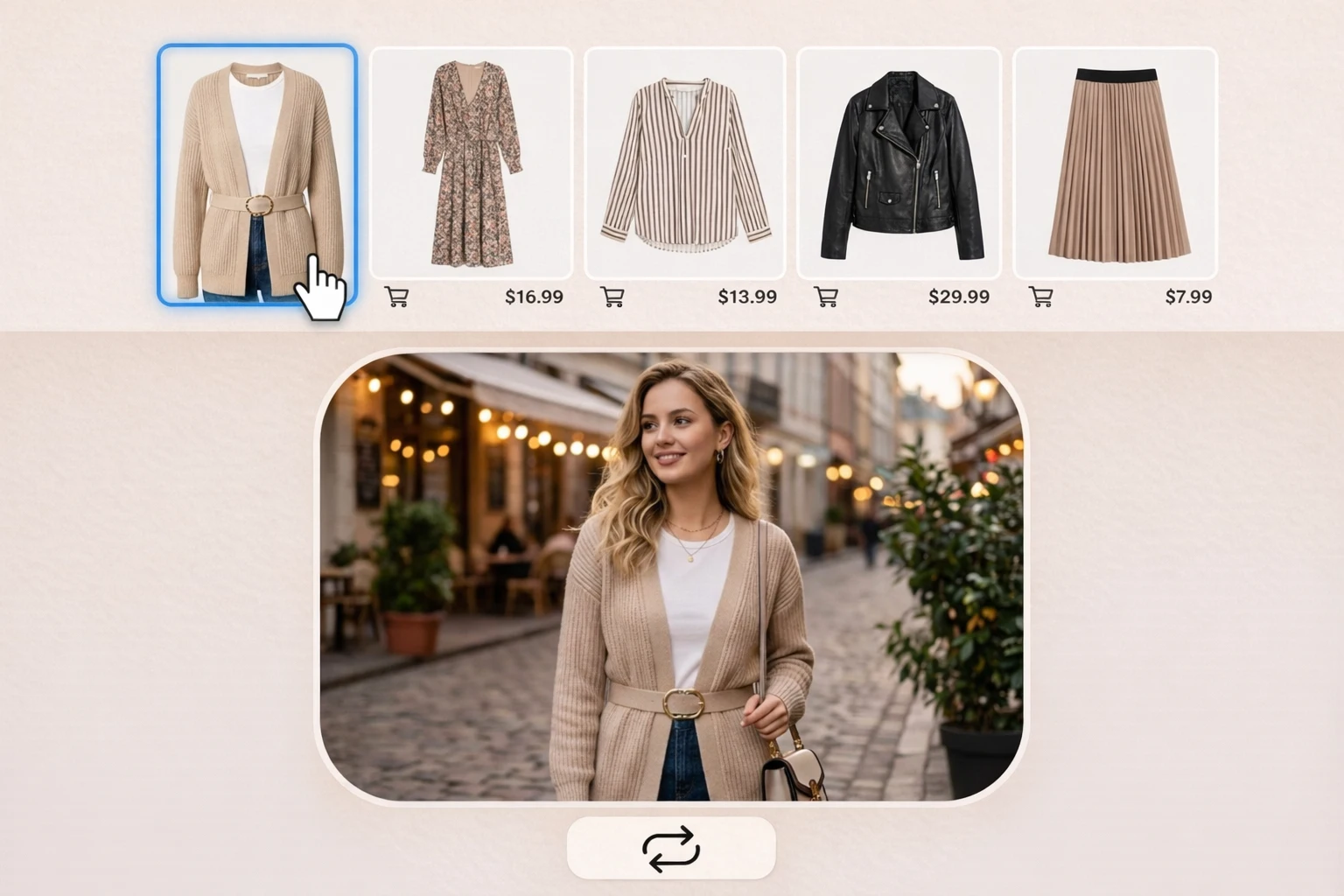 Fitur coba pakai pakaian berbasis AI untuk belanja online yang menampilkan pakaian pilihan yang diubah menjadi tampilan streetwear yang realistis.