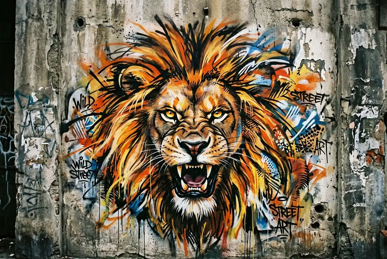 AI graffiti art of a lion mural on a wall showing detailed street art and wildstyle graffiti design