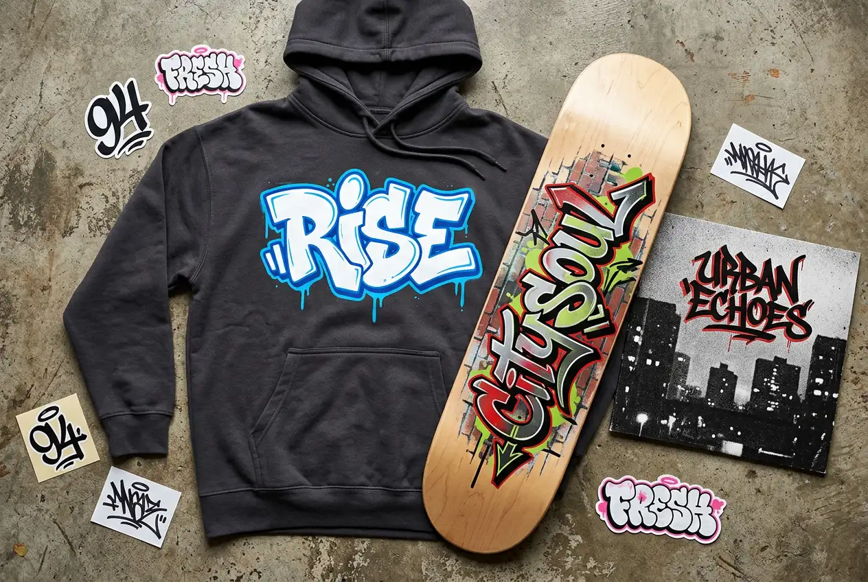 graffiti text generator creating custom graffiti designs for hoodies, skateboards, and streetwear merchandise