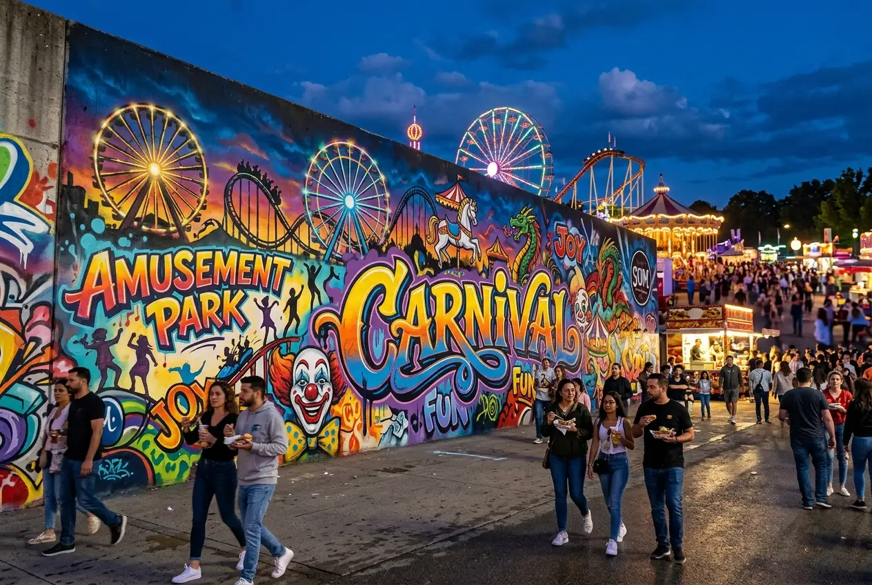 colorful graffiti mural at amusement park showing large-scale street art and graffiti lettering design