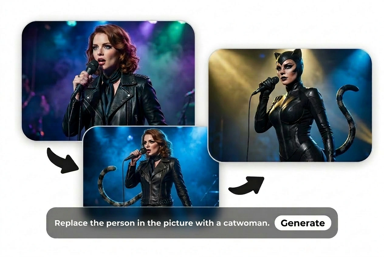 Contoh konversi gambar ke video Seedance yang menunjukkan seorang penyanyi berubah menjadi karakter bergaya Catwoman dengan alur cerita visual yang konsisten.