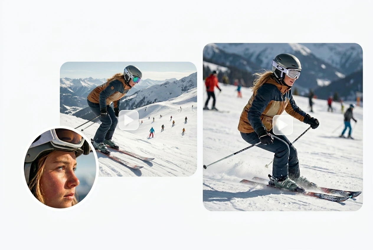 Seedance AI video generator action sports skiing clip with close-up and motion scene