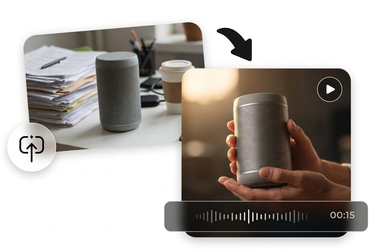 Contoh video iklan produk Seedance yang mengubah foto speaker menjadi video promosi sinematik yang dihasilkan AI.