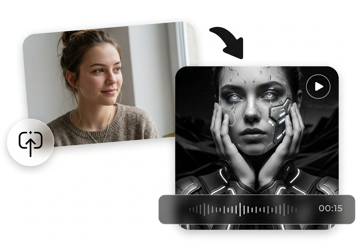 Seedance AI, generator video yang mengubah foto potret menjadi adegan video karakter fiksi ilmiah futuristik.