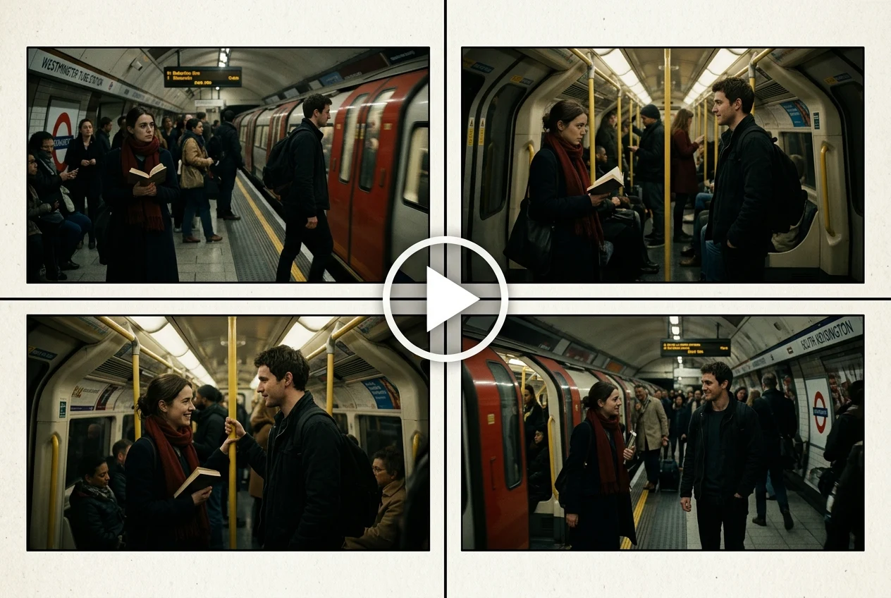 Storyboard video multi-shot Seedance yang menunjukkan adegan kereta bawah tanah yang konsisten dan interaksi karakter di empat frame.