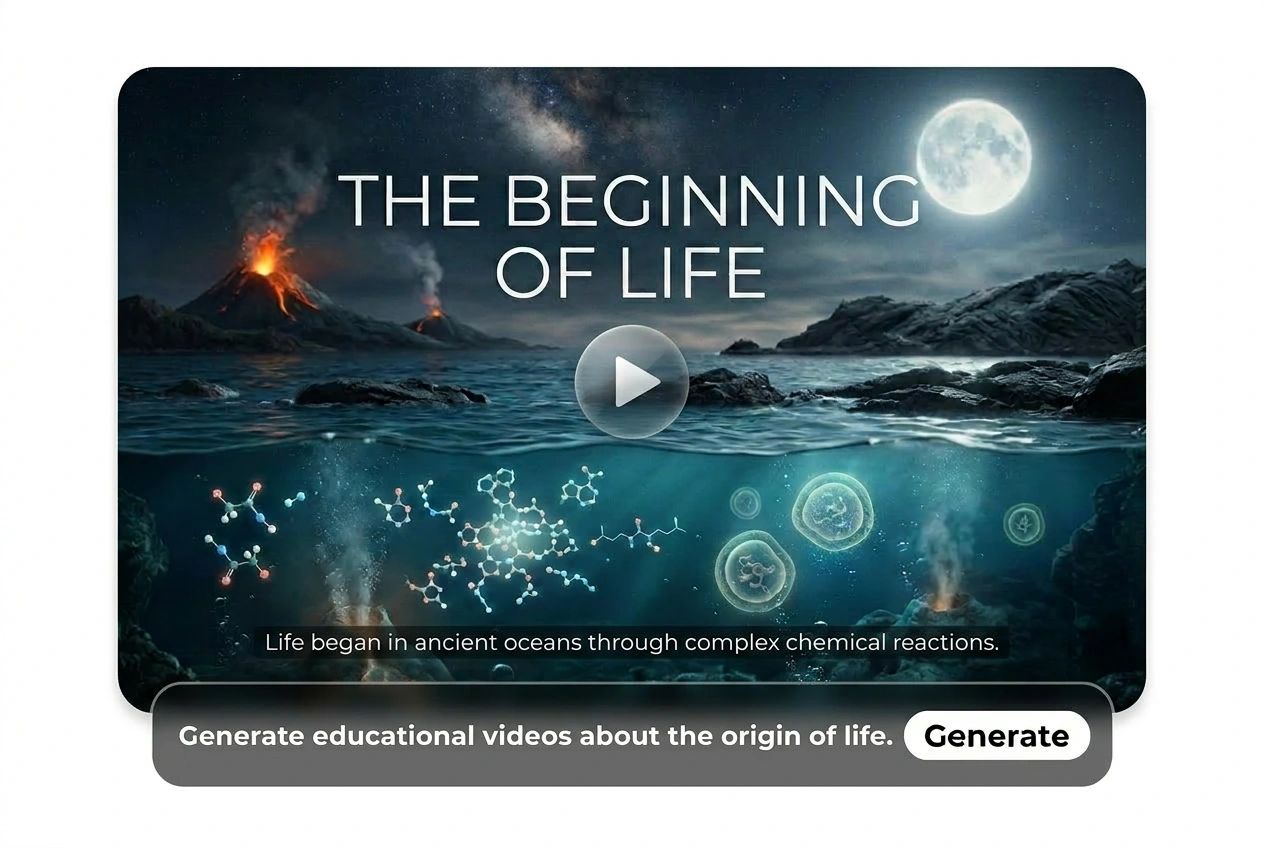 Contoh generator video edukasi Seedance yang memvisualisasikan asal usul kehidupan dengan penceritaan teks-ke-video sinematik.