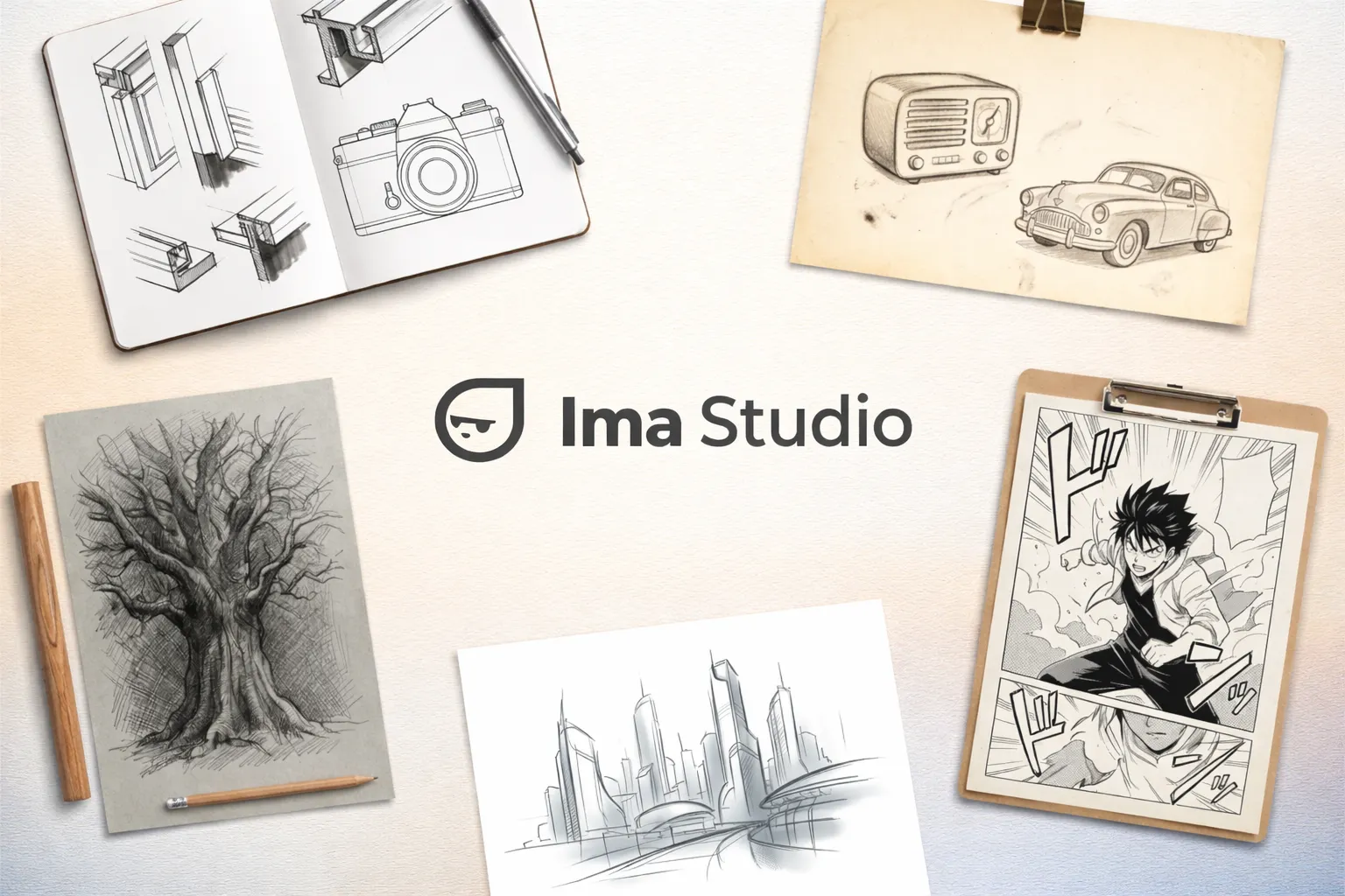 AI sketch generator examples showing pencil sketch, line art, and drawing styles from Ima Studio