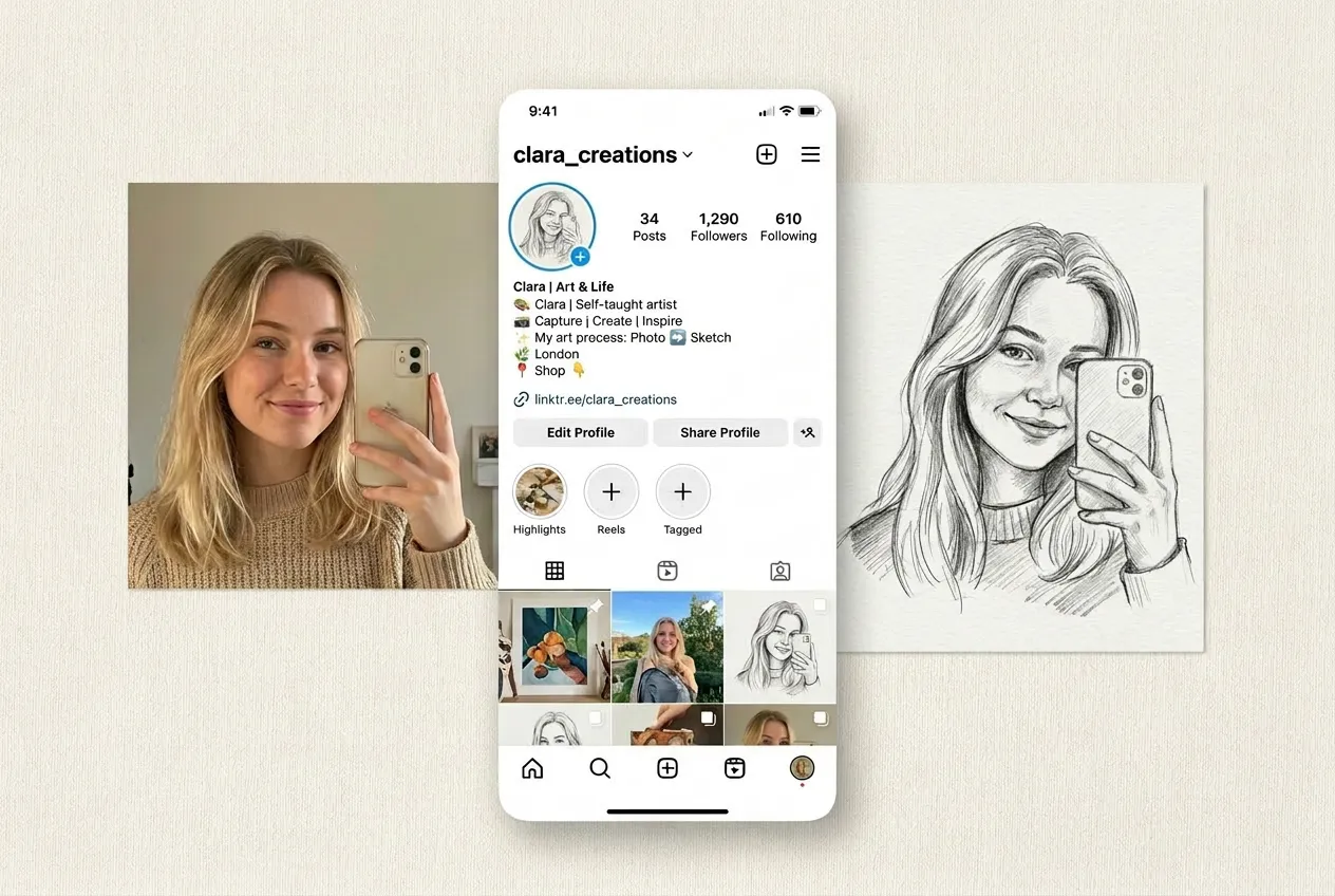 AI sketch generator for social media profile photo to sketch avatar transformation example