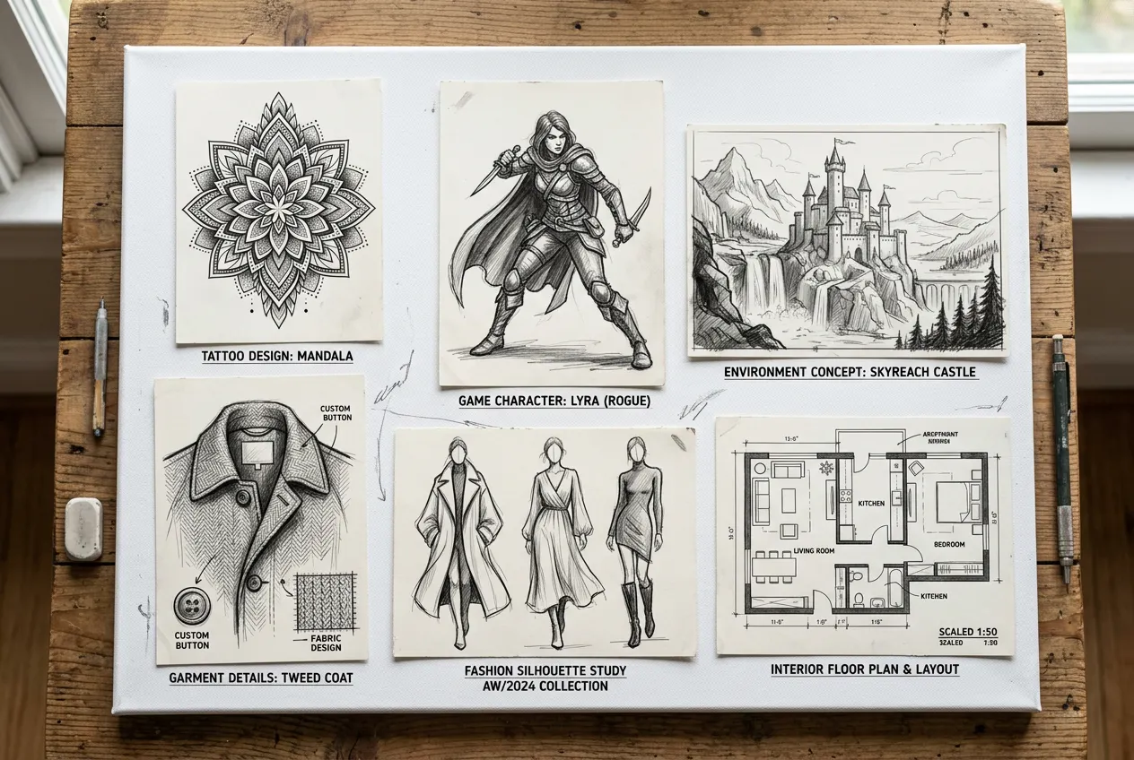 AI sketch generator styles including mandala, character design, fashion sketch, and architectural drawing