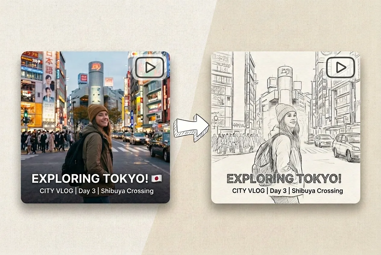 convert photo to sketch video thumbnail using AI sketch generator city vlog style transformation