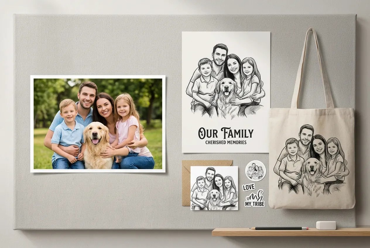 turn family photo into sketch artwork using AI sketch generator for prints and custom products