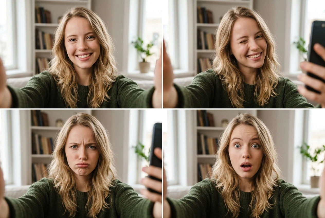 Contoh potret generator gambar Flux yang menunjukkan berbagai ekspresi selfie dalam pembuatan gambar AI yang realistis.