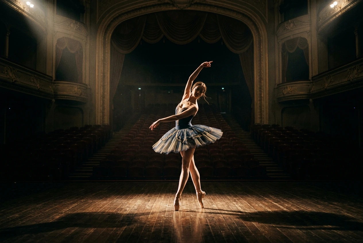 Generator gambar Flux menciptakan adegan balerina sinematik di atas panggung teater.