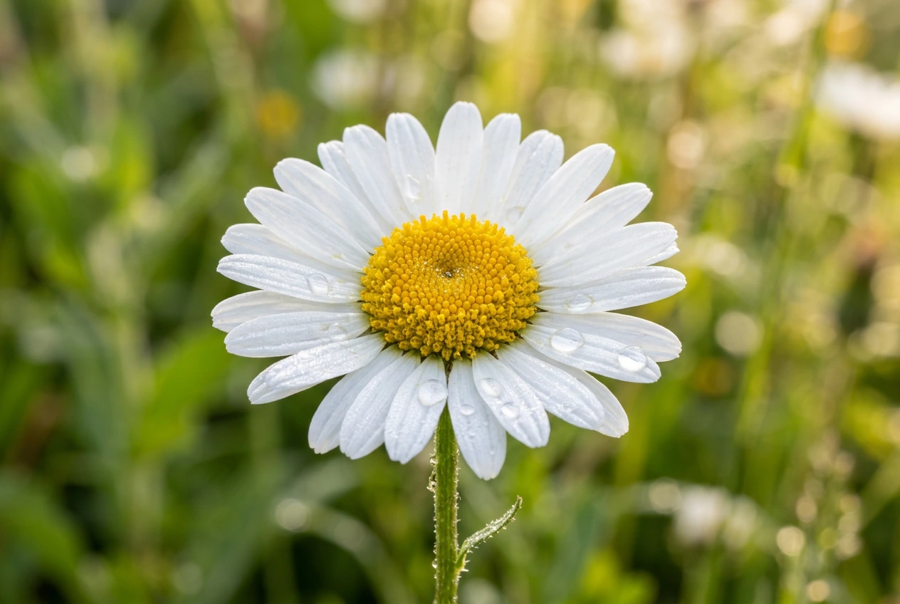 Generator gambar Flux menghasilkan gambar makro bunga yang menampilkan bunga aster realistis dengan tetesan air.