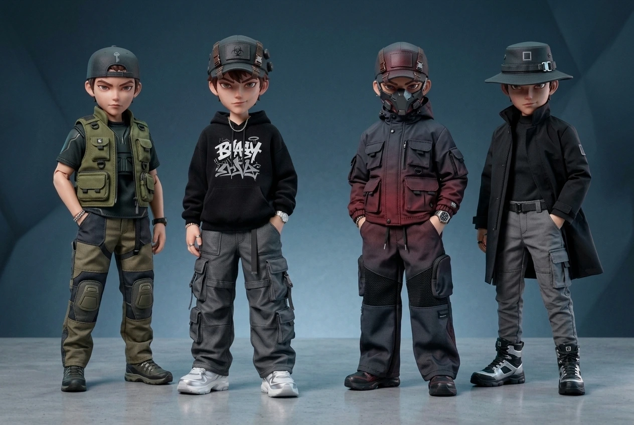 Contoh desain karakter generator gambar Flux yang menampilkan figur streetwear bergaya.