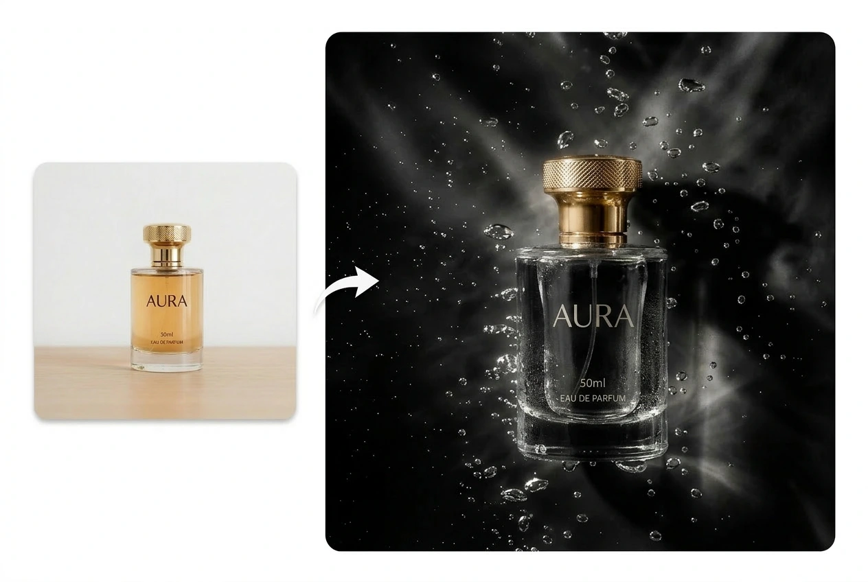 Gambar produk dari generator gambar Flux yang menampilkan botol parfum yang diubah menjadi visual bergaya iklan yang dramatis.