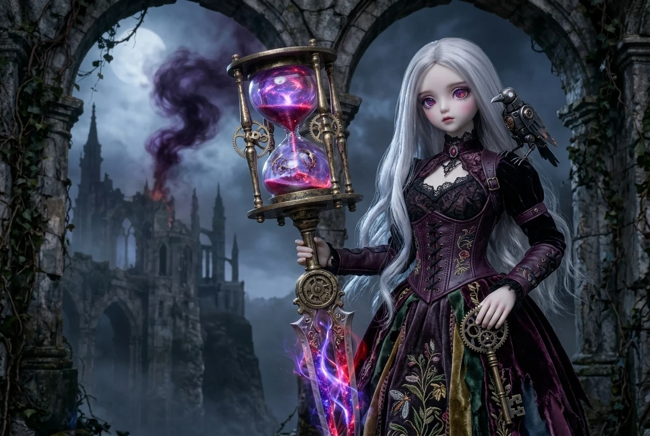 Generator gambar Flux menghasilkan karya seni fantasi yang menampilkan karakter mirip boneka bergaya gotik dalam adegan magis yang gelap.