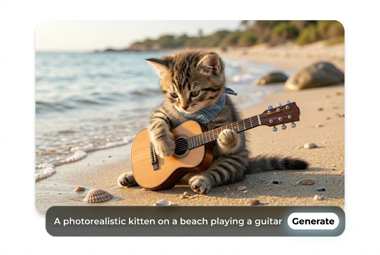 Contoh penggunaan generator gambar Flux: membuat gambar anak kucing fotorealistik di pantai sedang bermain gitar.