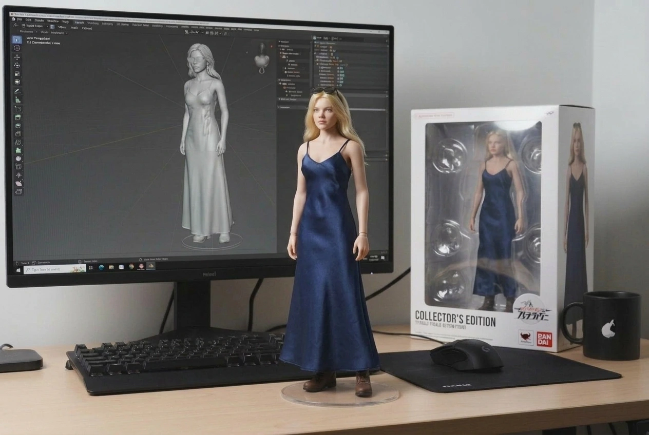 Contoh model karakter 3D generator gambar Flux yang menunjukkan desain figur dari konsep layar hingga hasil akhir bergaya koleksi.