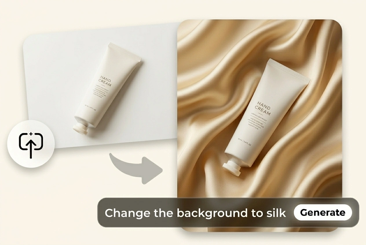AI background generator before and after showing a hand cream product with a silk background for luxury product photography