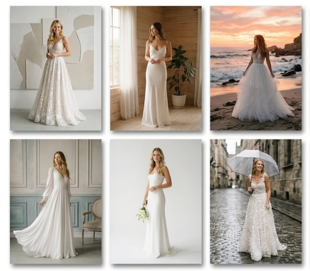 AI-generated backgrounds for bridal portraits showing one dress photo placed in multiple wedding scene settings