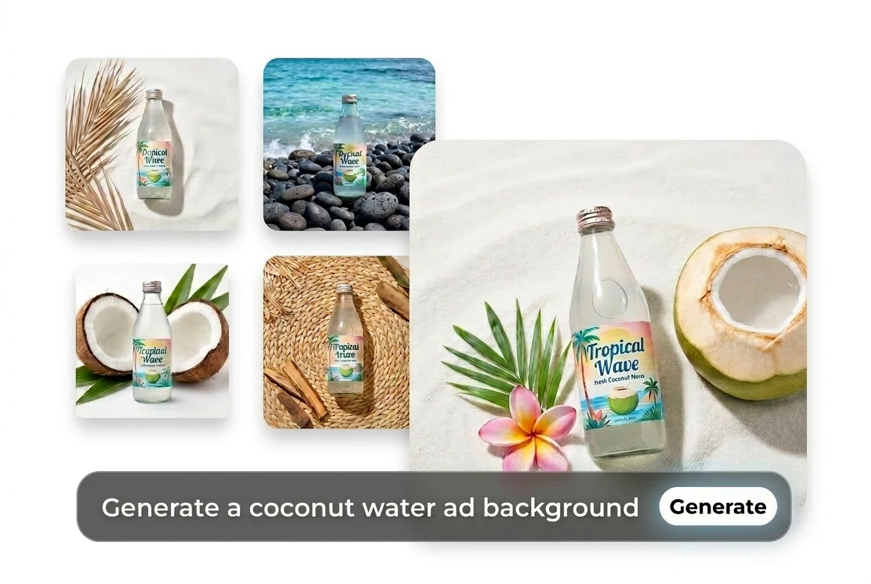 AI background generator creating a tropical ad background for a coconut water product photo