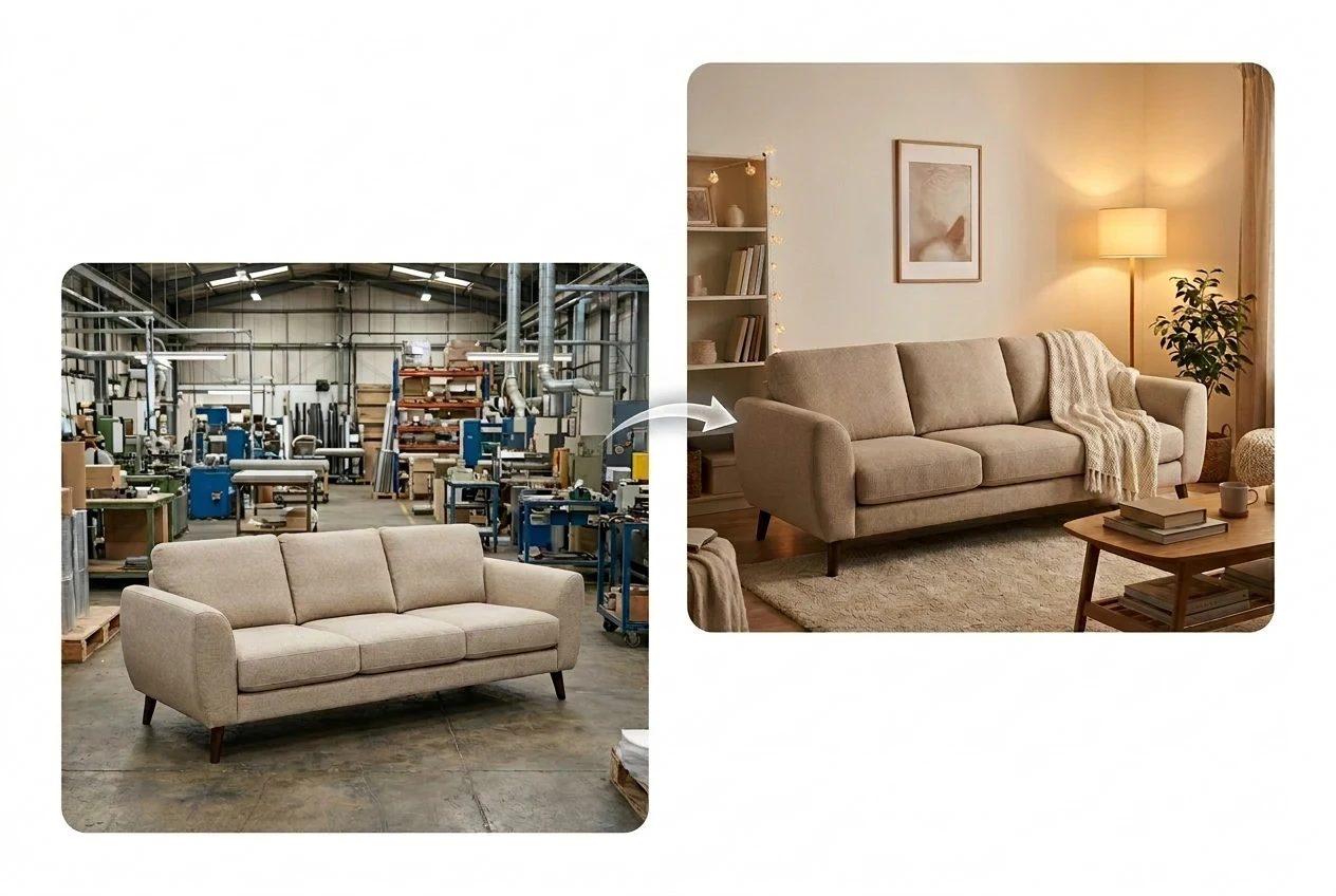 background generator before and after showing a sofa photo transformed from a warehouse into a warm living room scene