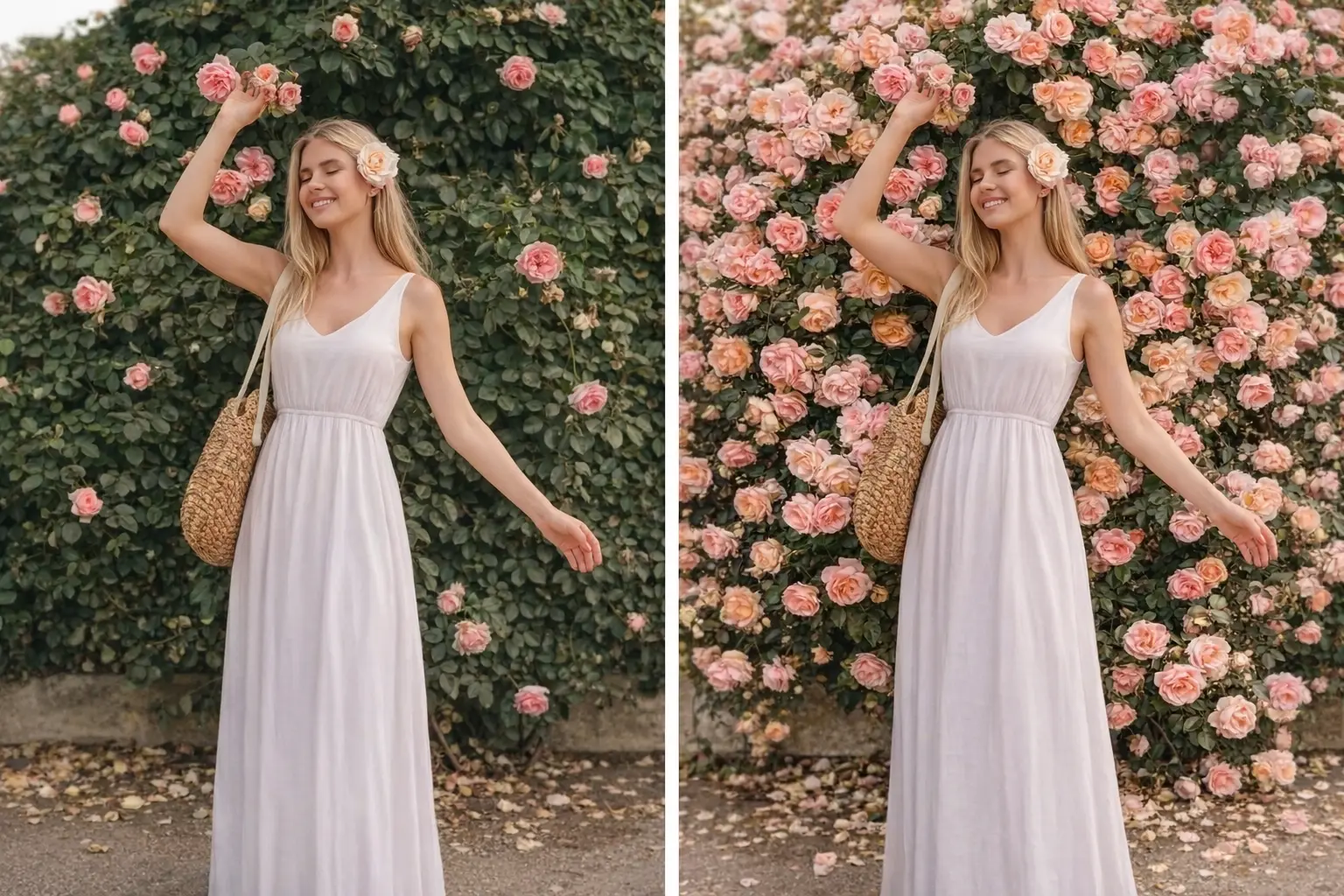 AI background maker before and after showing a portrait with a fuller floral wall background