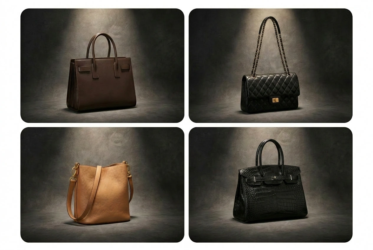 AI-generated product backgrounds showing multiple handbag photos on dark studio-style backdrops