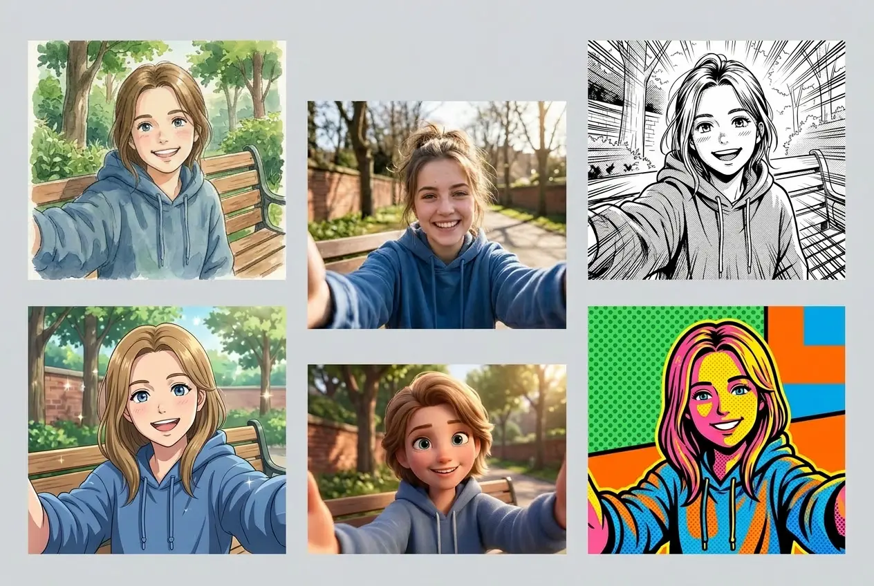 photo to cartoon AI generator showing one selfie transformed into multiple cartoon styles including anime, manga, and pop art