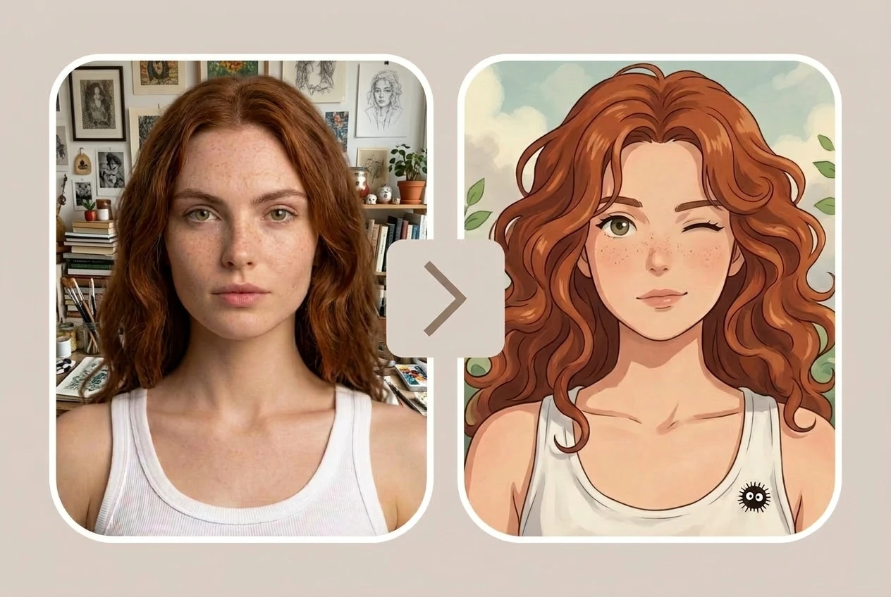 photo to cartoon before and after showing a portrait transformed into a cute hand-drawn cartoon avatar