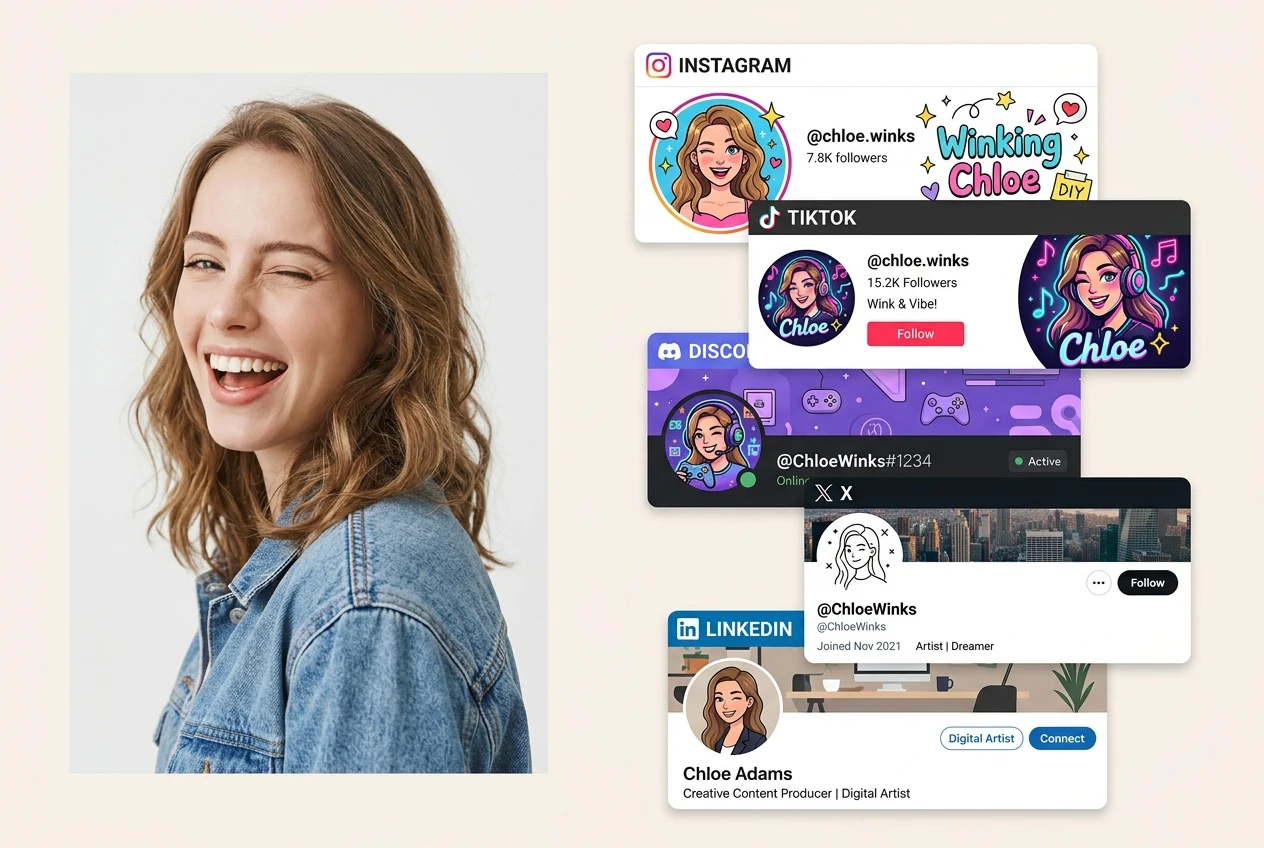cartoon avatar generator showing a real portrait turned into profile images for social media platforms