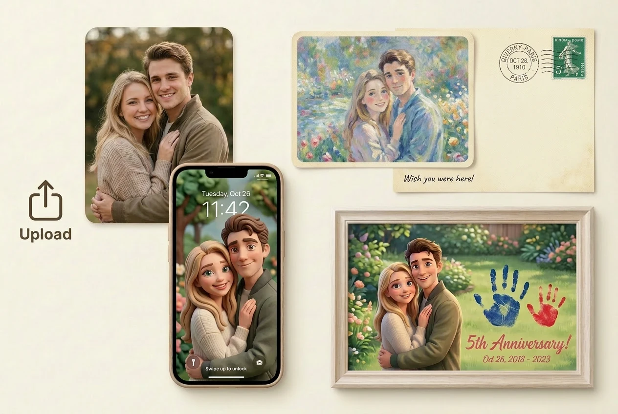 photo to cartoon AI showing a couple portrait transformed into cartoon artwork for wallpapers and anniversary gifts