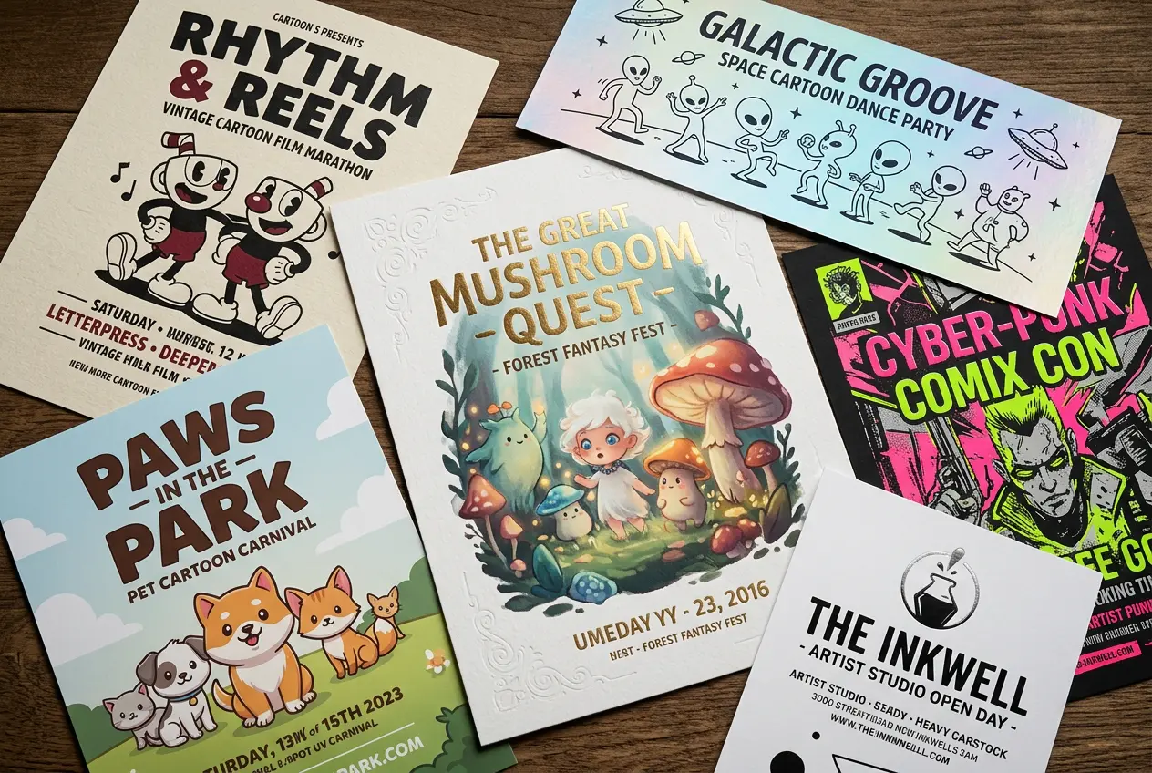 AI cartoon artwork examples showing poster, flyer, and event design styles generated from cartoon images