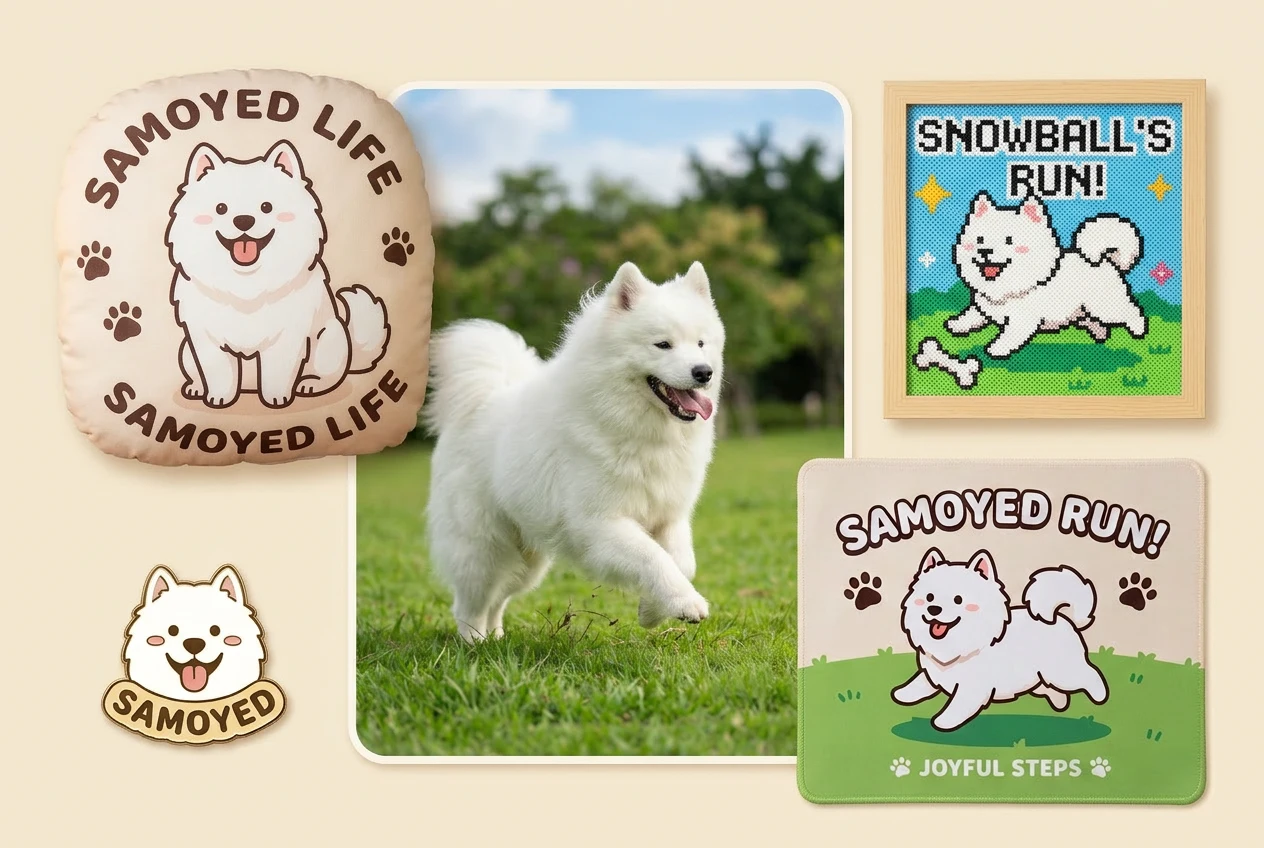 pet photo to cartoon generator showing a Samoyed transformed into cartoon merchandise and cute illustrated products